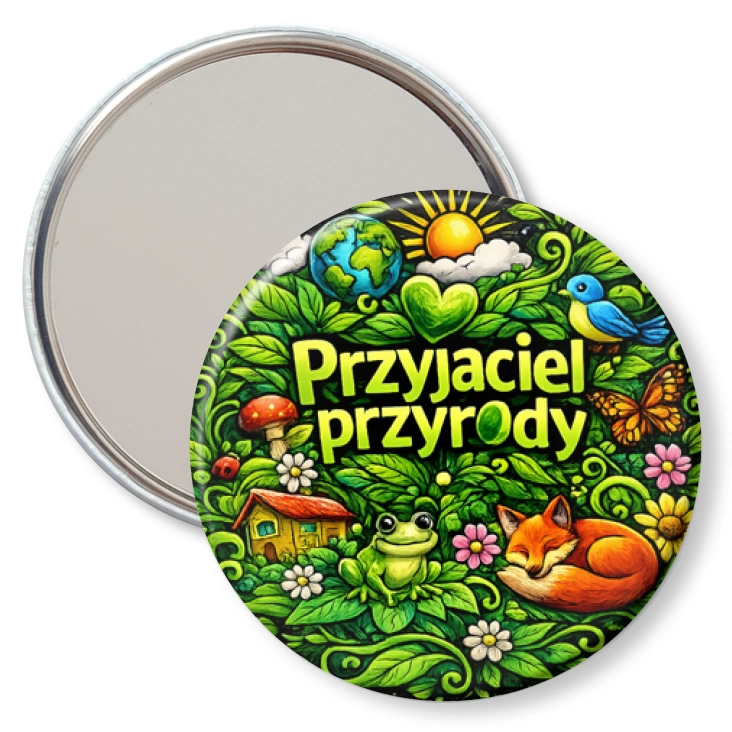 przypinka lusterko Przyjaciel przyrody na kolorowym tle