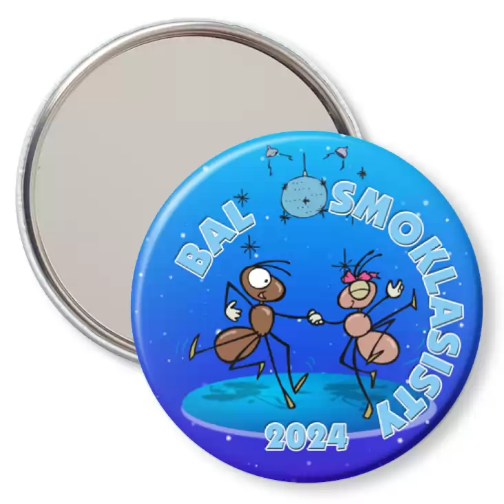 przypinka lusterko Bal ósmoklasisty mrówki z niebieskim tłem