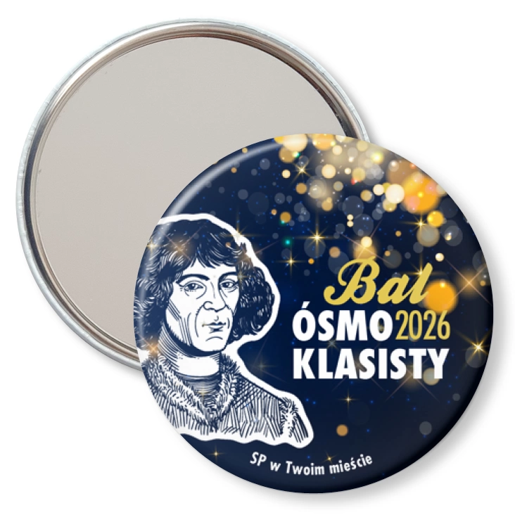 przypinka lusterko Bal Ósmoklasisty z Mikołajem Kopernikiem na granatowym tle