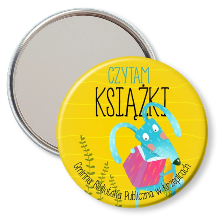 przypinka lusterko Czytam Książki Biblioteka w Krzepicach