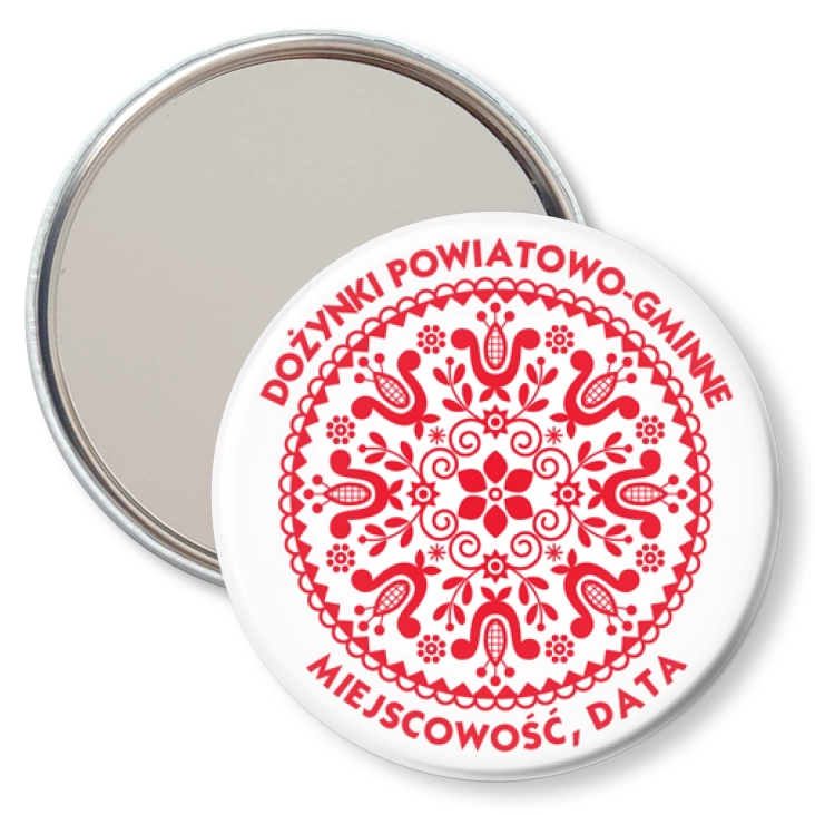 przypinka lusterko Dożynki czerwony wzór ludowy wycinanka