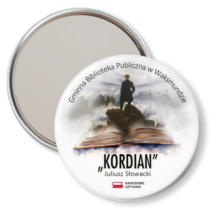 przypinka lusterko Gminna Biblioteka Publiczna w Waksmundzie Narodowe Czytanie 2024