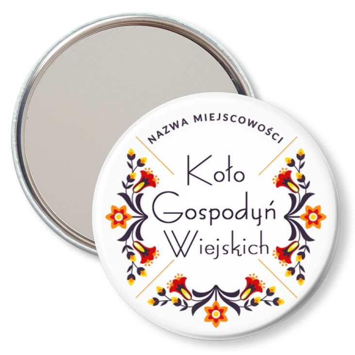 przypinka lusterko Koło Gospodyń Wiejskich kwiaty żółto-czerwone