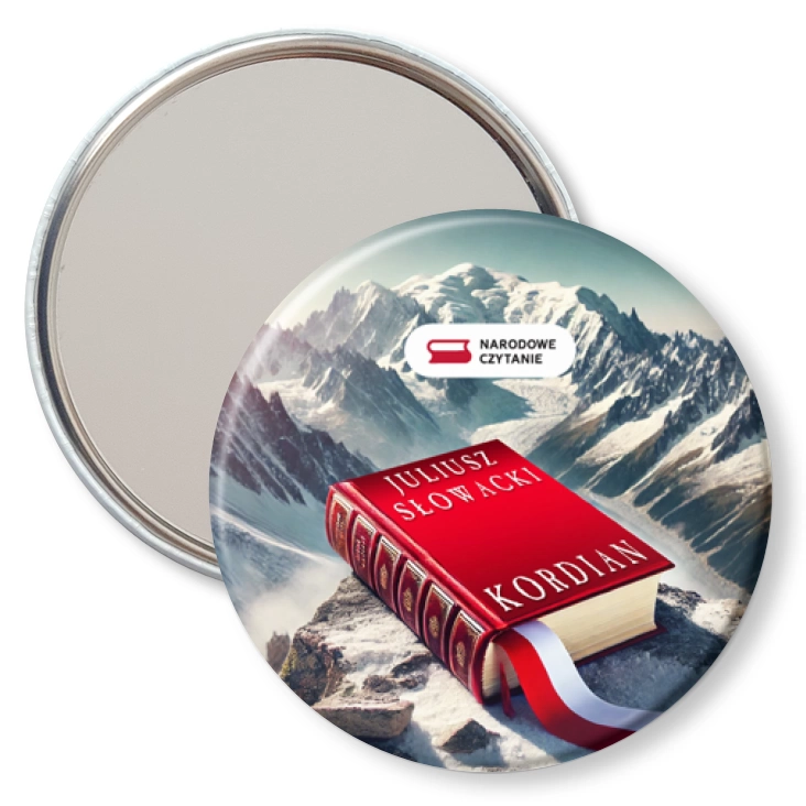 przypinka lusterko Kordian książka na tle Mont Blanc