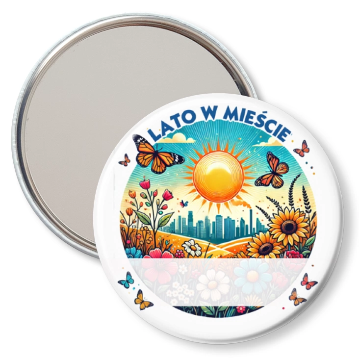 przypinka lusterko Lato w mieście. Miejscie na napis