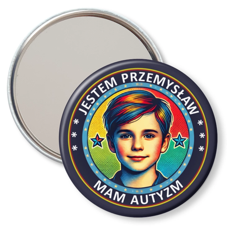przypinka lusterko Mam autyzm chłopiec z imieniem