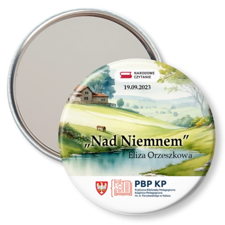 przypinka lusterko Nad Niemnem Narodowe Czytanie Książnica Pedagogiczna Kalisz