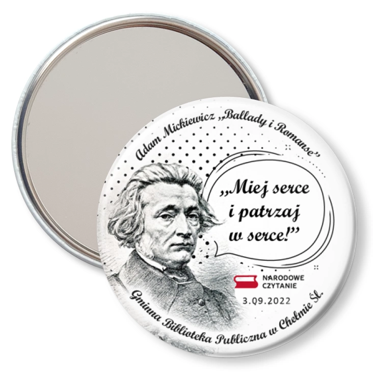 przypinka lusterko Narodowe Czytanie Biblioteka w Chełmie Śląskim