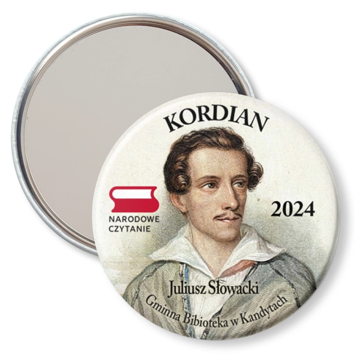 przypinka lusterko Narodowe Czytanie Biblioteka w Kandytach