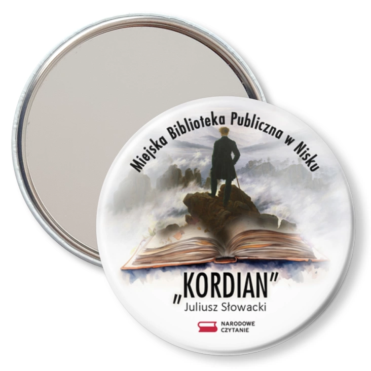 przypinka lusterko Narodowe Czytanie Kordian 2024 Biblioteka w Nisku