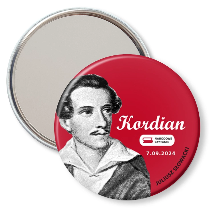 przypinka lusterko Narodowe czytanie Kordian Juliusz Słowacki na czerwonym tle