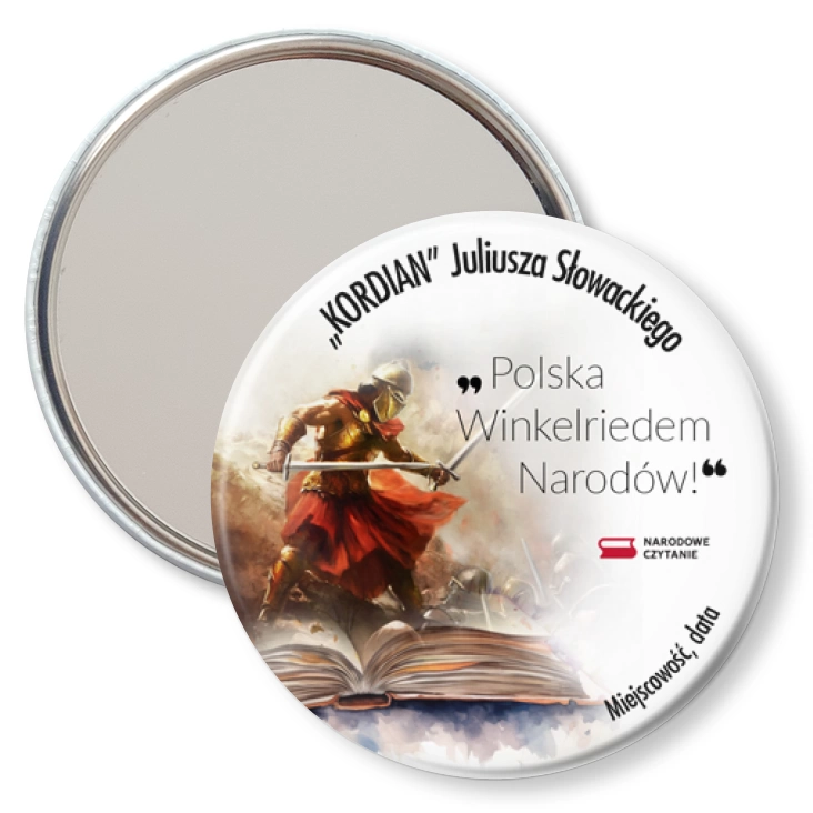 przypinka lusterko Narodowe Czytanie Kordian rycerz Winkelried