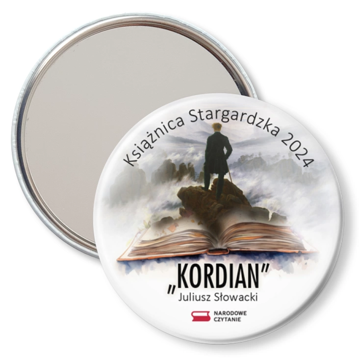 przypinka lusterko Narodowe Czytanie Książnica Stargardzka