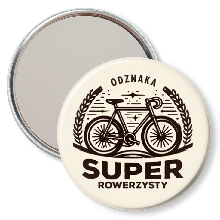 przypinka lusterko Odznaka Super Rowerzysty na kremowym tle