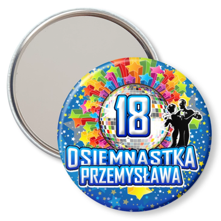 przypinka lusterko Osiemnastka z imieniem i kulą disco