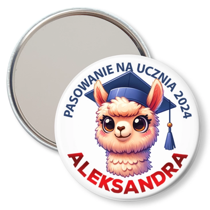przypinka lusterko Pasowanie na ucznia alpaka z imieniem