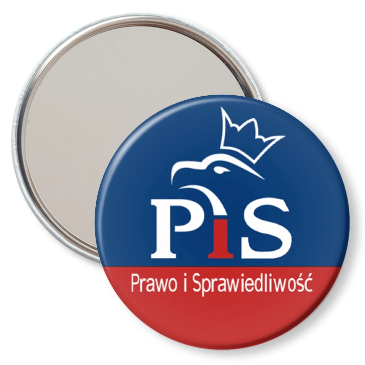 przypinka lusterko Prawo i Sprawiedliwość PiS logo w inwersji