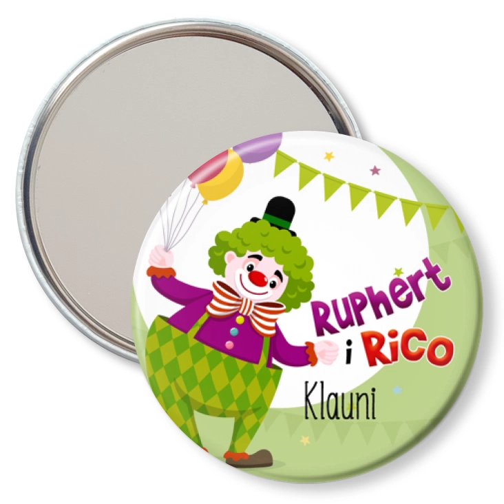 przypinka lusterko Ruphert i Rico Klauni na miętowym tle