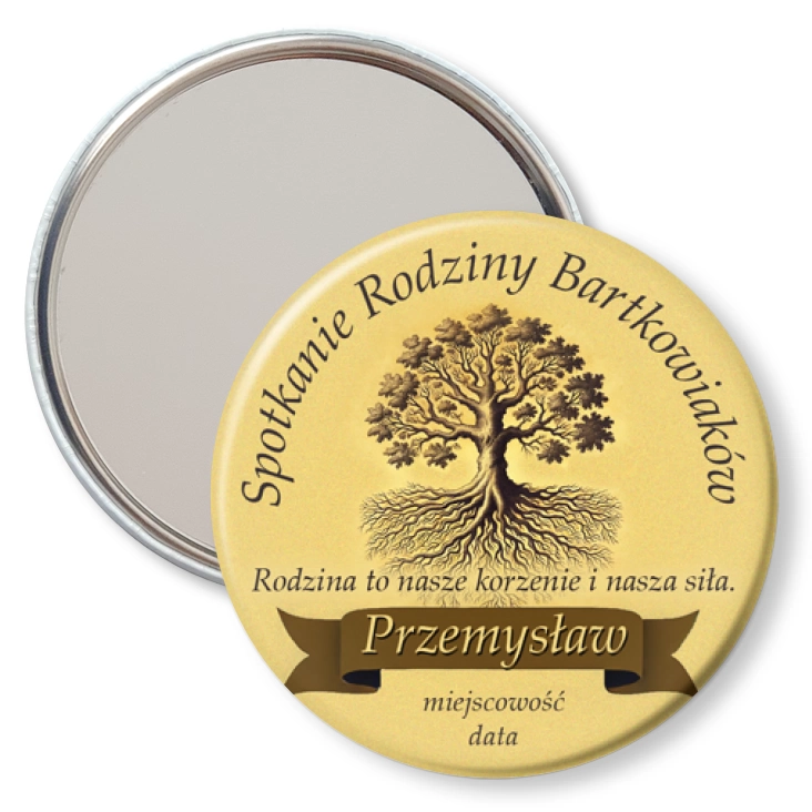 przypinka lusterko Spotkanie rodziny z imieniem i dębem