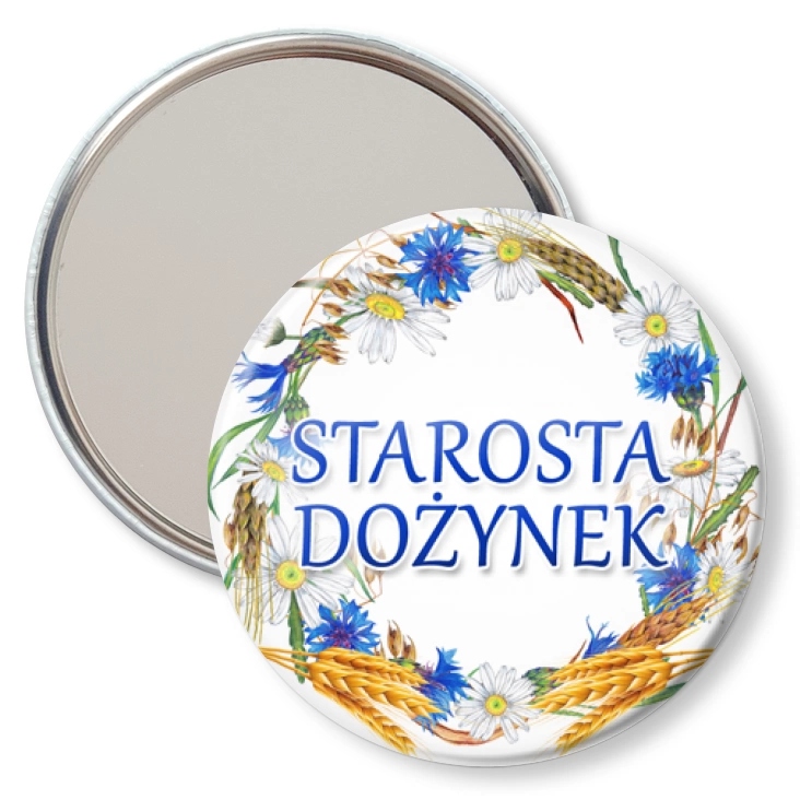 przypinka lusterko Starosta dożynek wieniec z chabrami