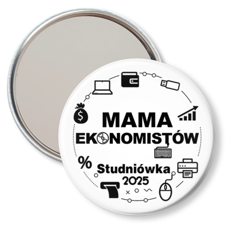 przypinka lusterko Studniówka Mama ekonomistów na białym tle