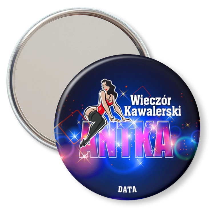 przypinka lusterko Wieczó kawalerski z diablicą i imieniem