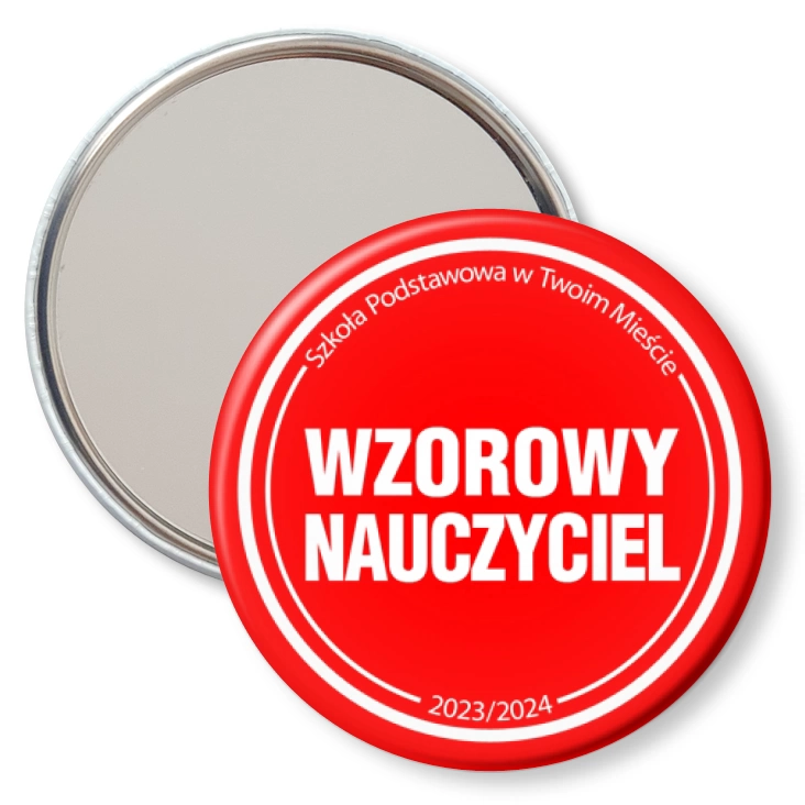 przypinka lusterko Wzorowy nauczyciel czerwone tło