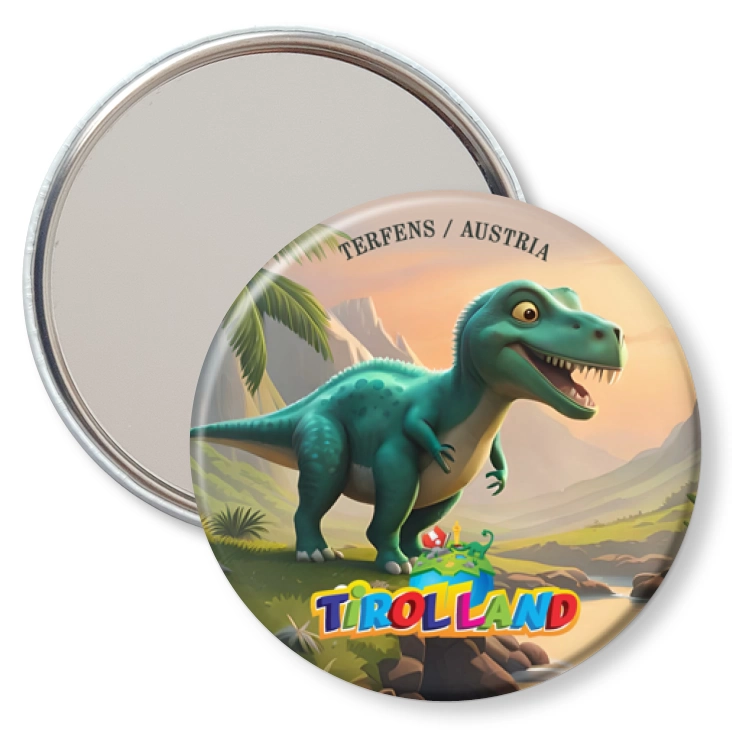 przypinka lusterko Zielony tyranozaur na tle gór Tirolland