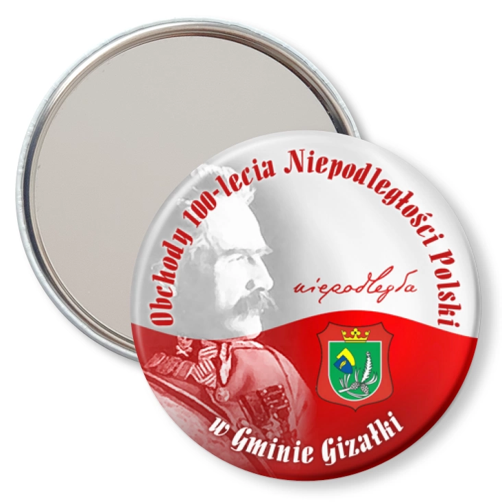 przypinka lusterko 100 lat Niepodległości w Gminie Gizałki