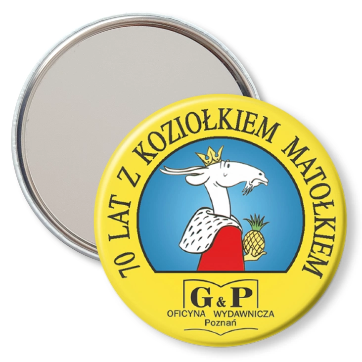 przypinka lusterko 70 lat z Koziołkiem Matołkiem