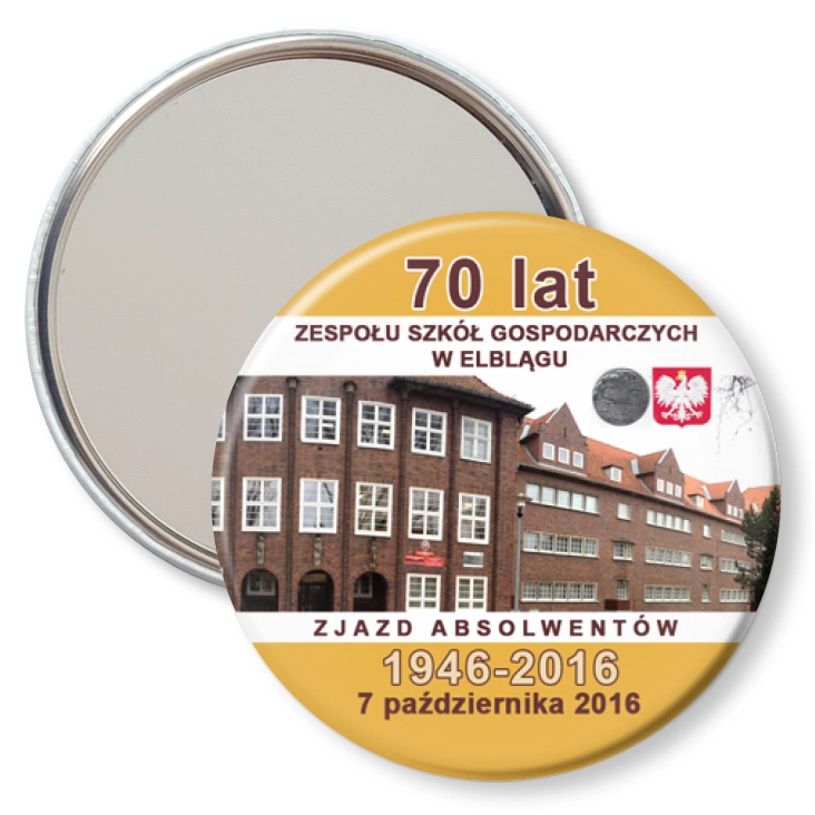 przypinka lusterko 70 lat ZSG w Elblągu