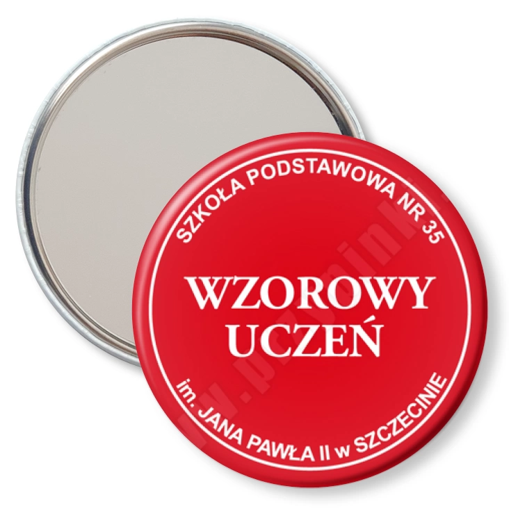 przypinka lusterko Wzorowy Uczeń SP35 Szczecin - czerwony