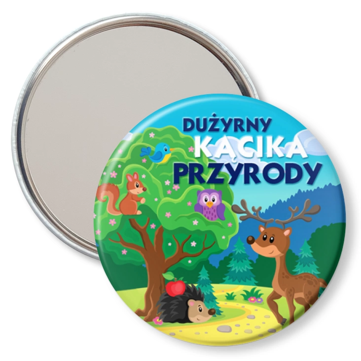 przypinka lusterko Dyżurny Kącika Przyrody ze zwierzętami