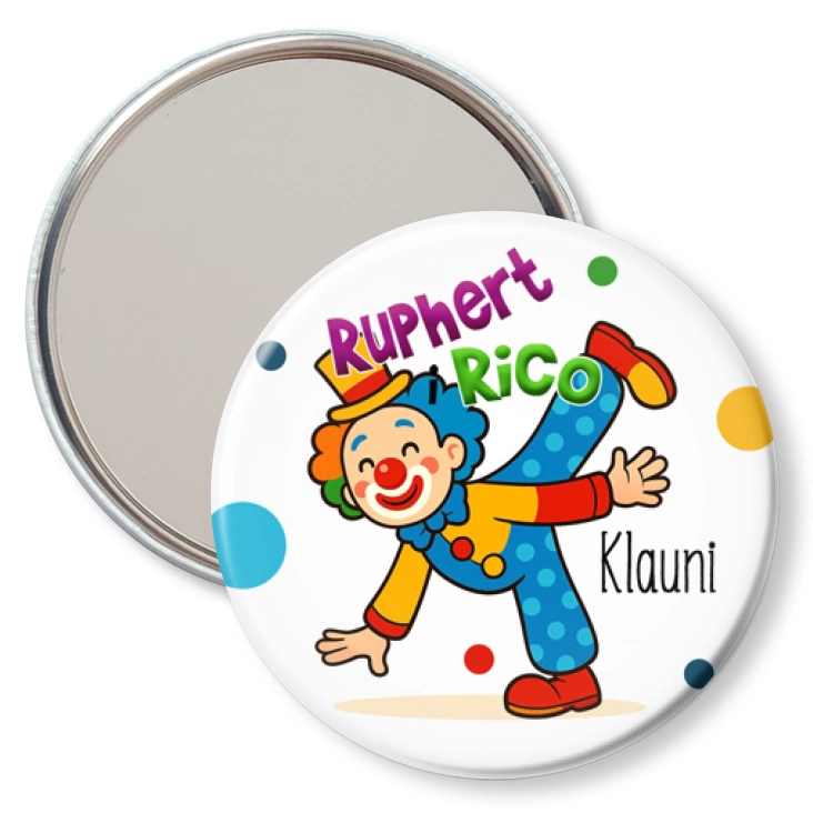 przypinka lusterko Ruphert i Rico Klauni na białym tle
