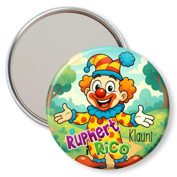 przypinka lusterko Ruphert i Rico Klauni w lesie