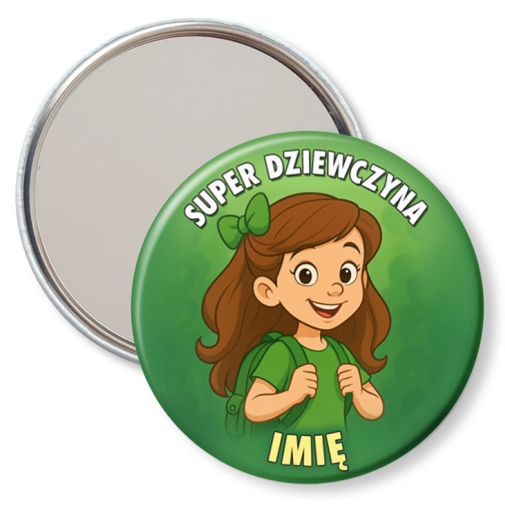 przypinka lusterko Super dziewczyna na zielonym tle