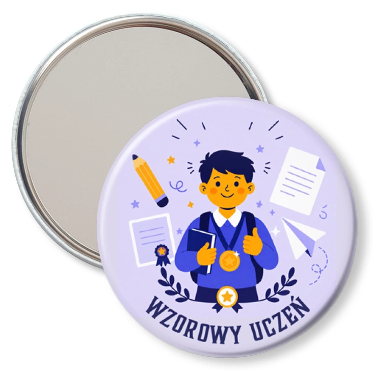 przypinka lusterko Wzorowy uczeń na lawendowym tle
