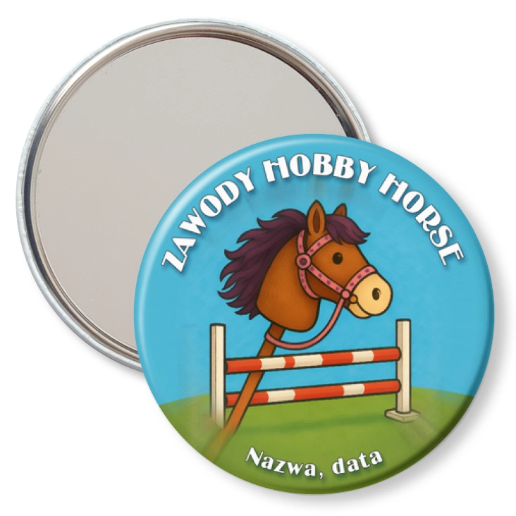 przypinka lusterko Zawody hobby horse na niebieskim tle