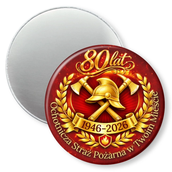 przypinka magnes 80 lat Ochotnicza Straż Pożarna w Twoim Mieście