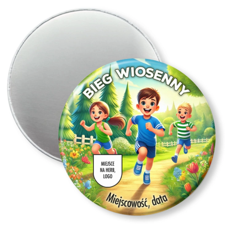 przypinka magnes Bieg wiosenny dzieci na leśnej ścieżce