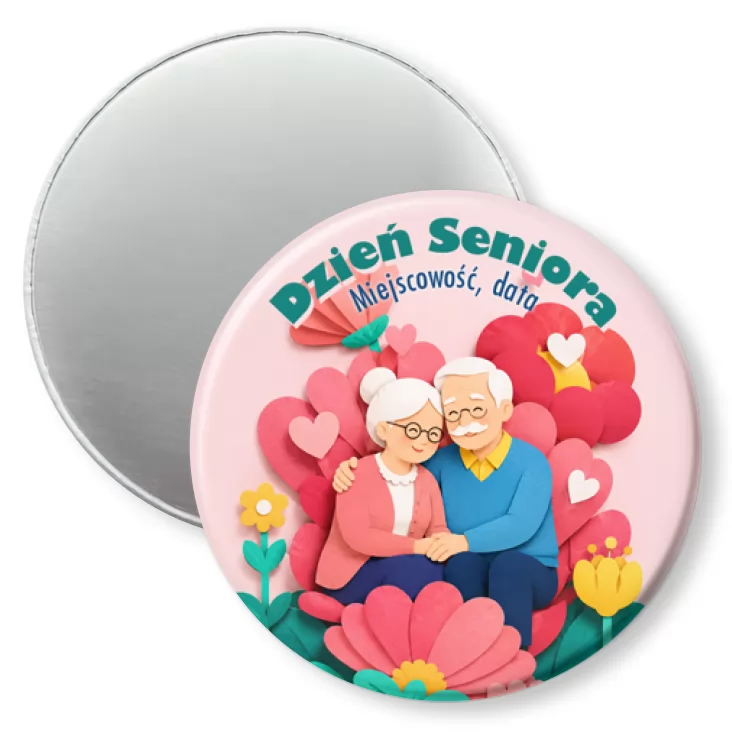 przypinka magnes Dzień Seniora para seniorów w kwiatach