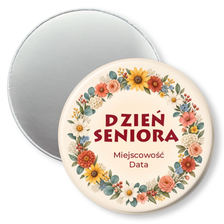 przypinka magnes Dzień Seniora wianek z kwiatów