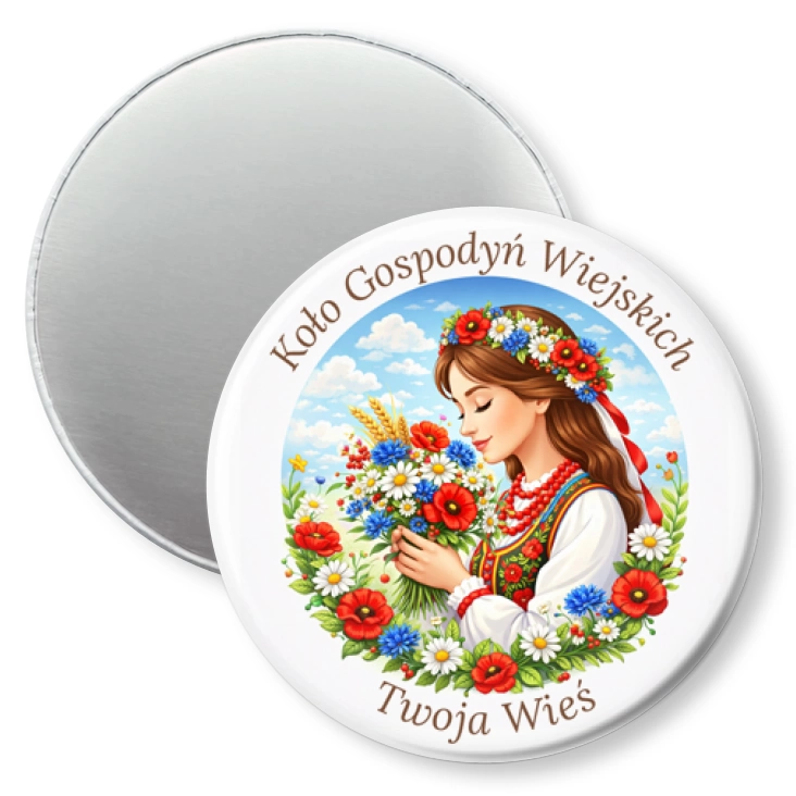 przypinka magnes Koło Gospodyń Wiejskich dziewczyna z kwiatami