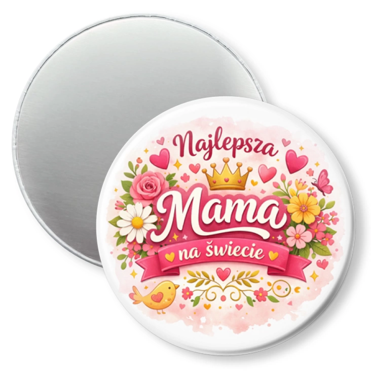 przypinka magnes Najlepsza Mama na świecie z kwiatami
