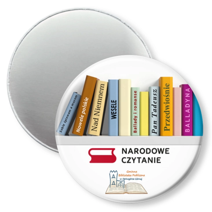 przypinka magnes Narodowe Czytanie 2025 Biblioteka w Opinogórze