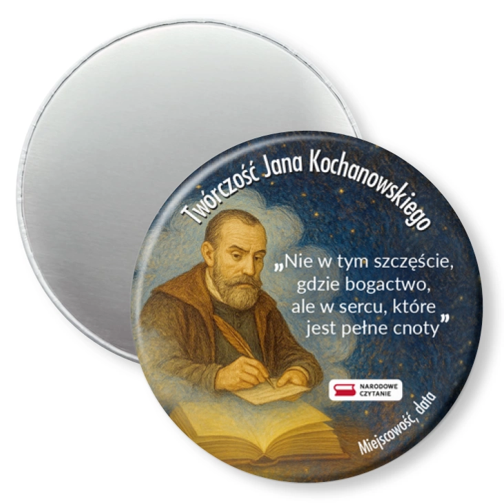 przypinka magnes Narodowe Czytanie Jan Kochanowski na granatowym tle