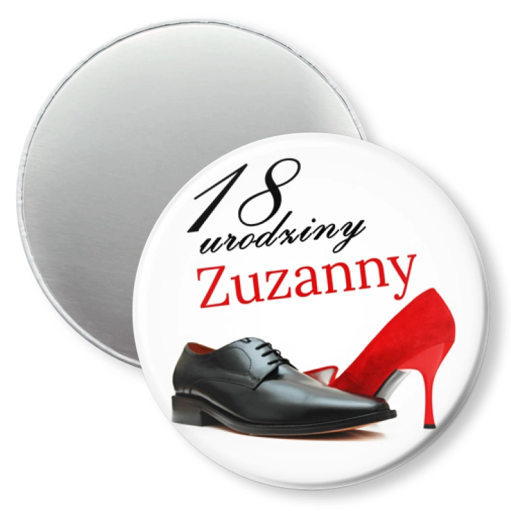 przypinka magnes Osiemnaste urodziny z imieniem i butami