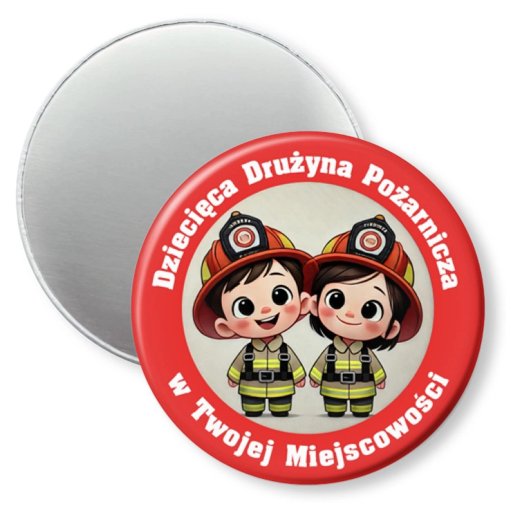 przypinka magnes Dziecięca Drużyna Pożarnicza dziewczynka i chłopiec