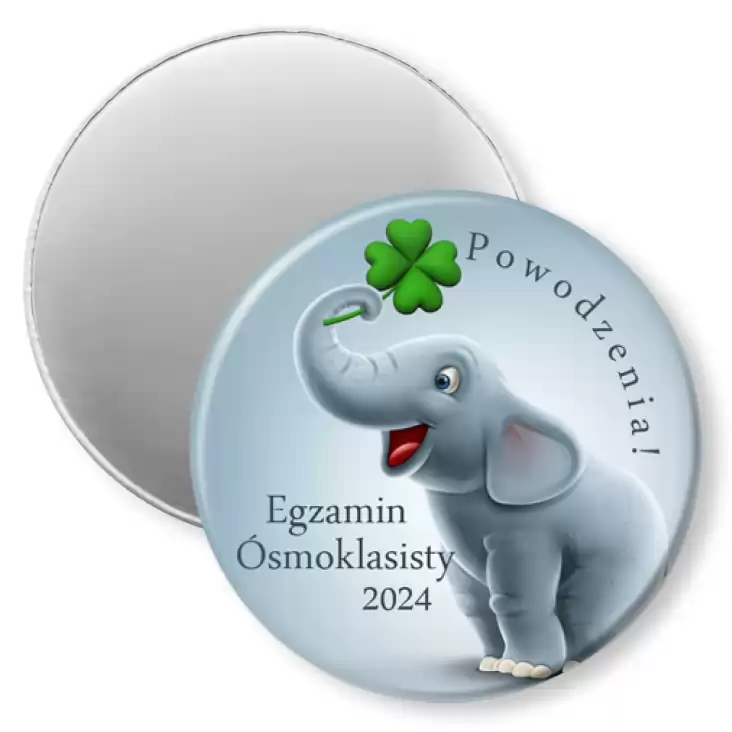 przypinka magnes Egzamin Ósmoklasisty słoń z koniczynką