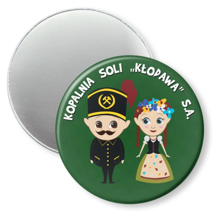 przypinka magnes Kopalnia Soli Kłodawa na zielonym tle